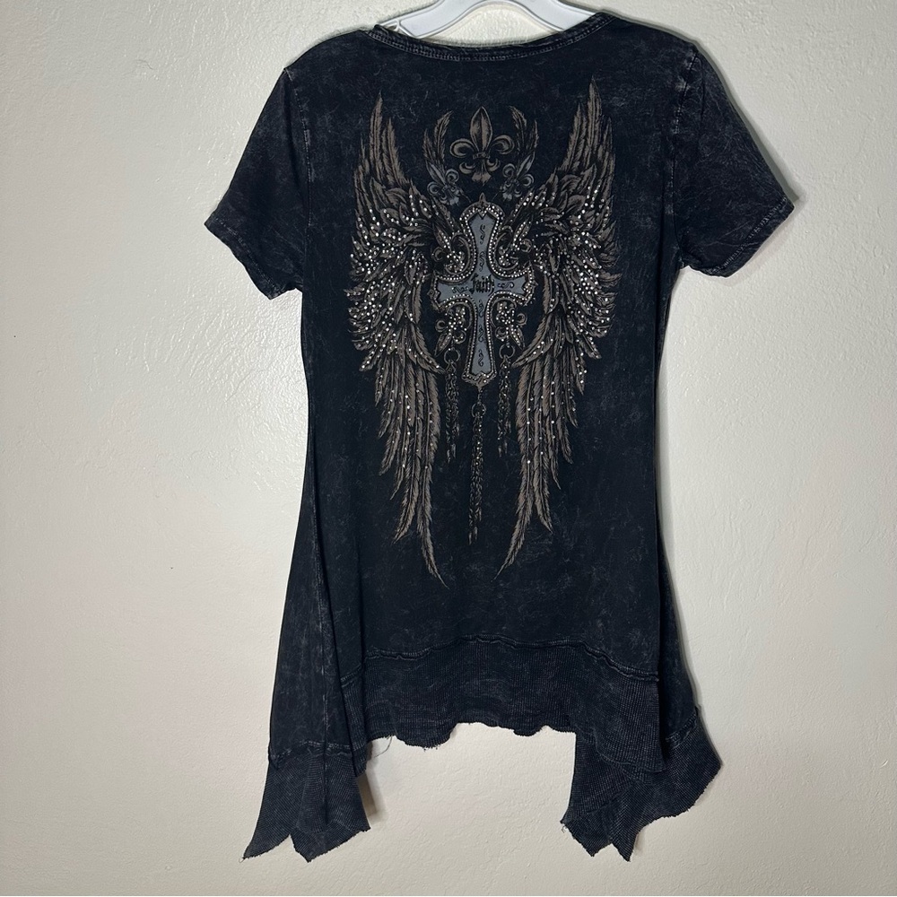Y2K Grunge Rhinestone Cross Wings Tunic Top Acid Wash Short Sleeve Size Medium - Picture 4 of 15